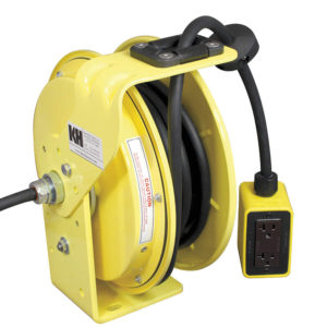 NEMA 2 Yellow Retractable Cord Reel, 20 Amp, 25' Cord Length, 5-20P w/ GFCI Feeder End, Yellow O/B 20A Duplex/Duplex